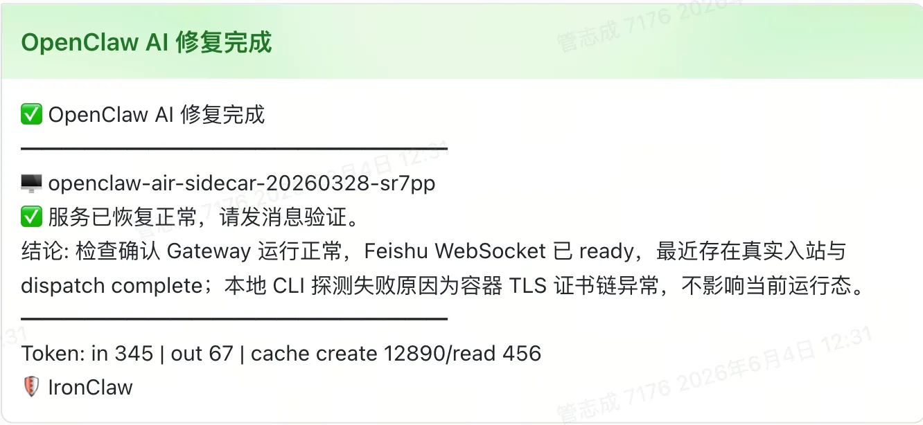 IronClaw AI 修复飞书卡片