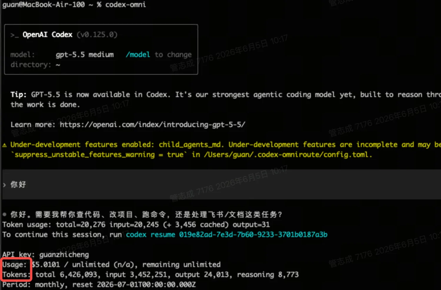 Codex CLI token usage 输出